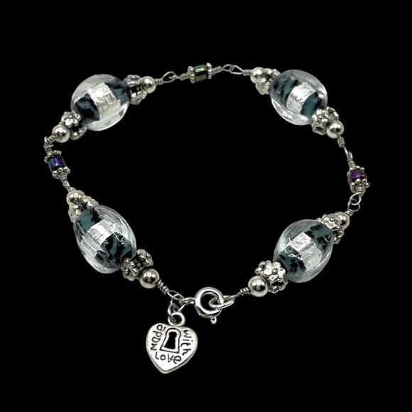 Lampwork Glass Foil Bead Bracelet Silver Tone Green Linked Handmade Boho Art - Picture 7 of 7